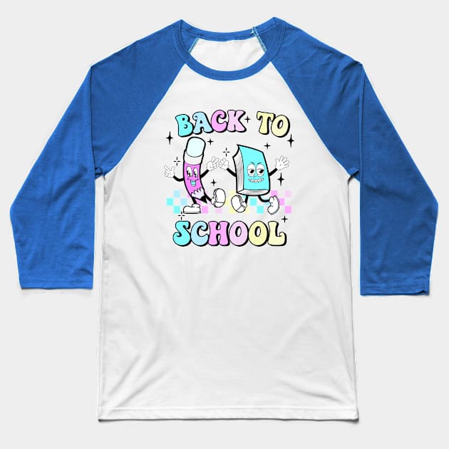 Back To School Vintage Retro Fun Pencil And Book Design Baseball T-Shirt by maryhiroseartworks